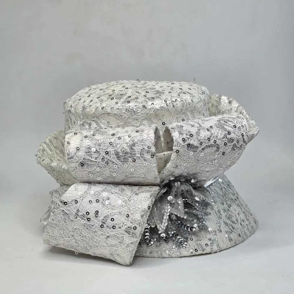 Ms Divine Hat Sun Women's Derby Church Brim Bow‎ Rhinestone Sequin White Silver